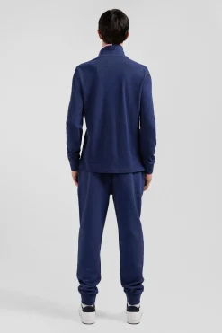 Regular navy blue long-sleeved cotton piqué polo shirt with pink details