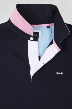 Regular navy blue long-sleeved cotton rugby shirt with tie fabric patchwork