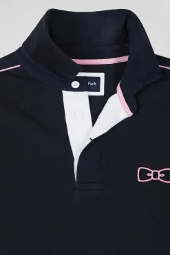 Regular navy blue long-sleeved cotton rugby shirt with pink piping