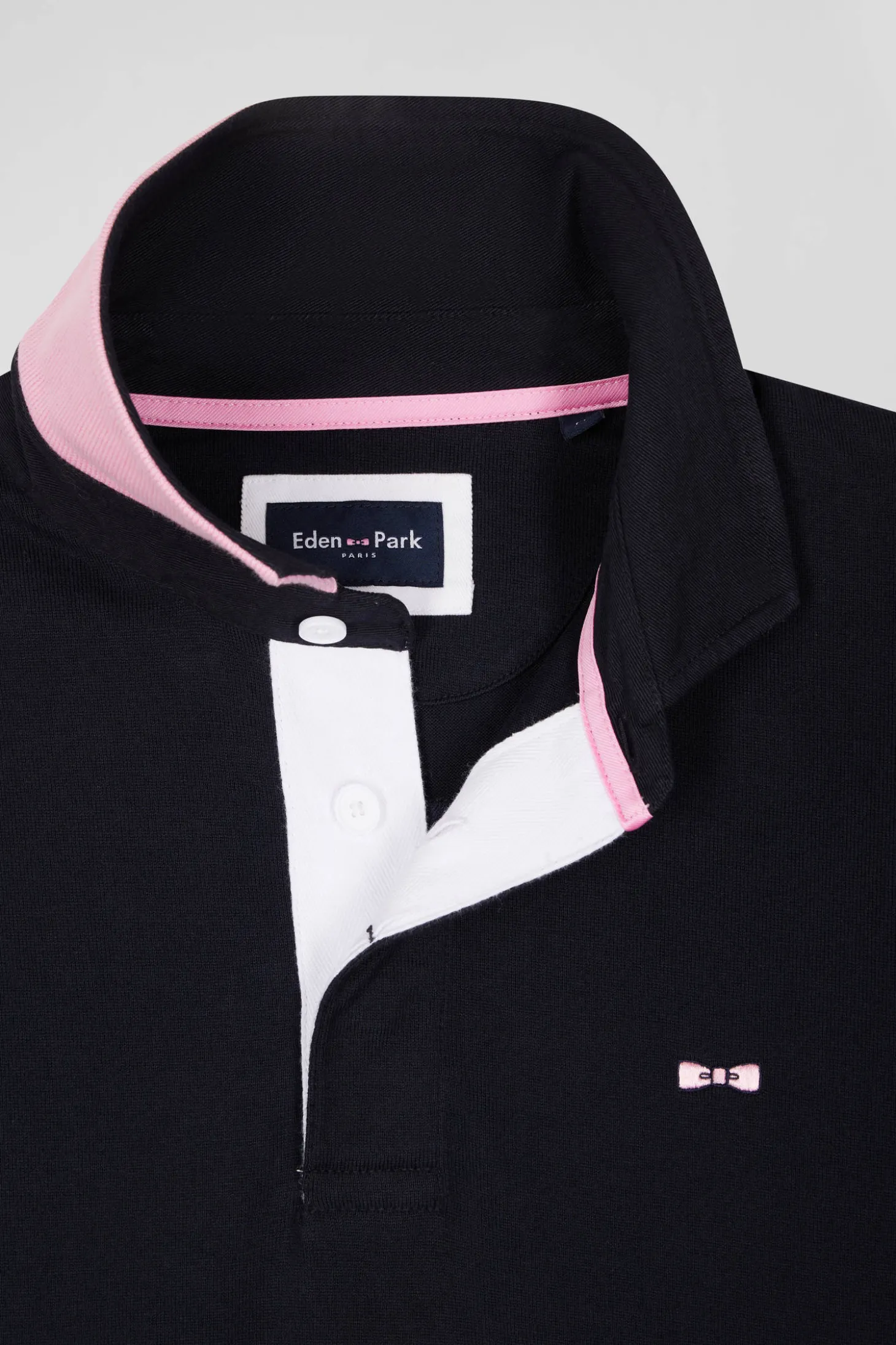 Regular navy blue long-sleeved cotton rugby shirt with bow tie embroidery