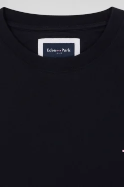 Regular navy blue long-sleeved cotton T-shirt with floral back patch
