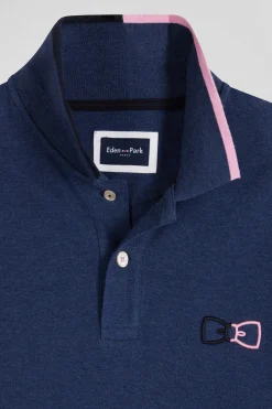 Regular navy blue long-sleeved cotton piqué polo shirt with pink details
