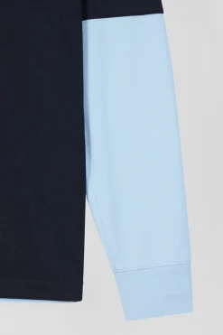 Regular navy blue long-sleeved cotton rugby shirt with tie fabric patchwork