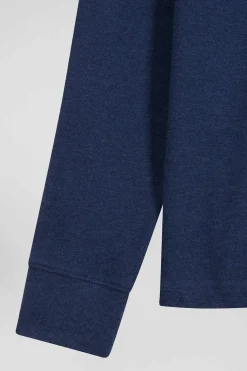 Regular navy blue long-sleeved cotton piqué polo shirt with pink details