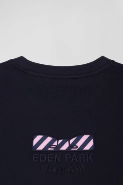 Regular navy blue long-sleeved cotton T-shirt with back embroidery