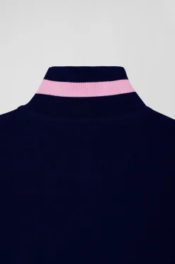 Regular navy blue long-sleeved cotton piqué polo shirt with padded embroidery