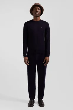 Regular navy blue merino wool V-neck jumper