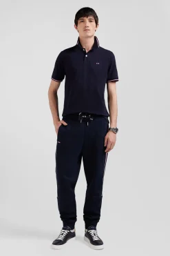 Regular navy blue mixed cotton jogging bottoms with striped trims