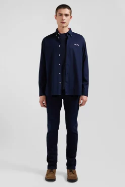Regular navy blue oxford cotton shirt with striped bow tie detail