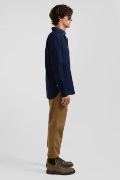 Regular navy blue oxford cotton shirt with back embroidery