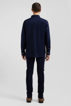 Regular navy blue oxford cotton shirt with striped bow tie detail