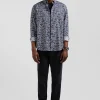 Regular navy blue Pima cotton poplin shirt with micro floral print
