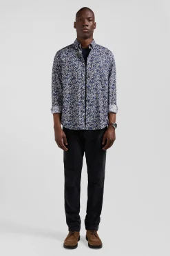 Regular navy blue Pima cotton poplin shirt with micro floral print