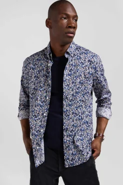 Regular navy blue Pima cotton poplin shirt with micro floral print