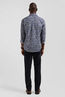 Regular navy blue Pima cotton poplin shirt with micro floral print