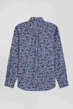 Regular navy blue Pima cotton poplin shirt with micro floral print