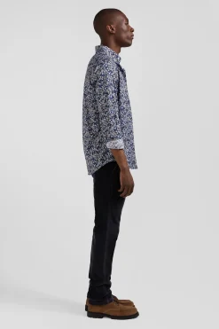 Regular navy blue Pima cotton poplin shirt with micro floral print