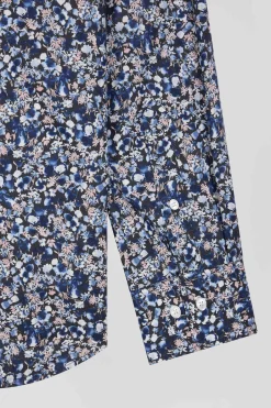 Regular navy blue Pima cotton poplin shirt with micro floral print