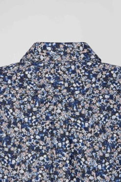 Regular navy blue Pima cotton poplin shirt with micro floral print