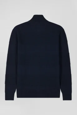 Regular navy blue plain cotton zipped cardigan with knit patterns