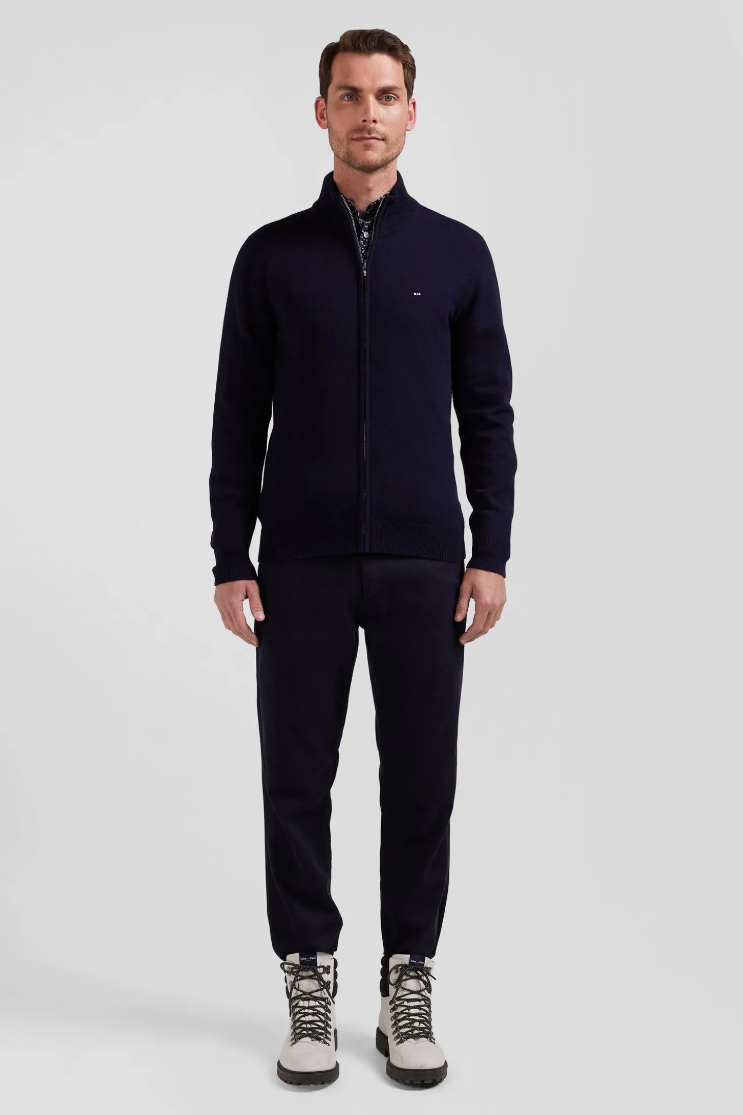 Regular navy blue plain wool and cotton zipped cardigan