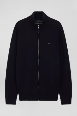 Regular navy blue plain wool and cotton zipped cardigan