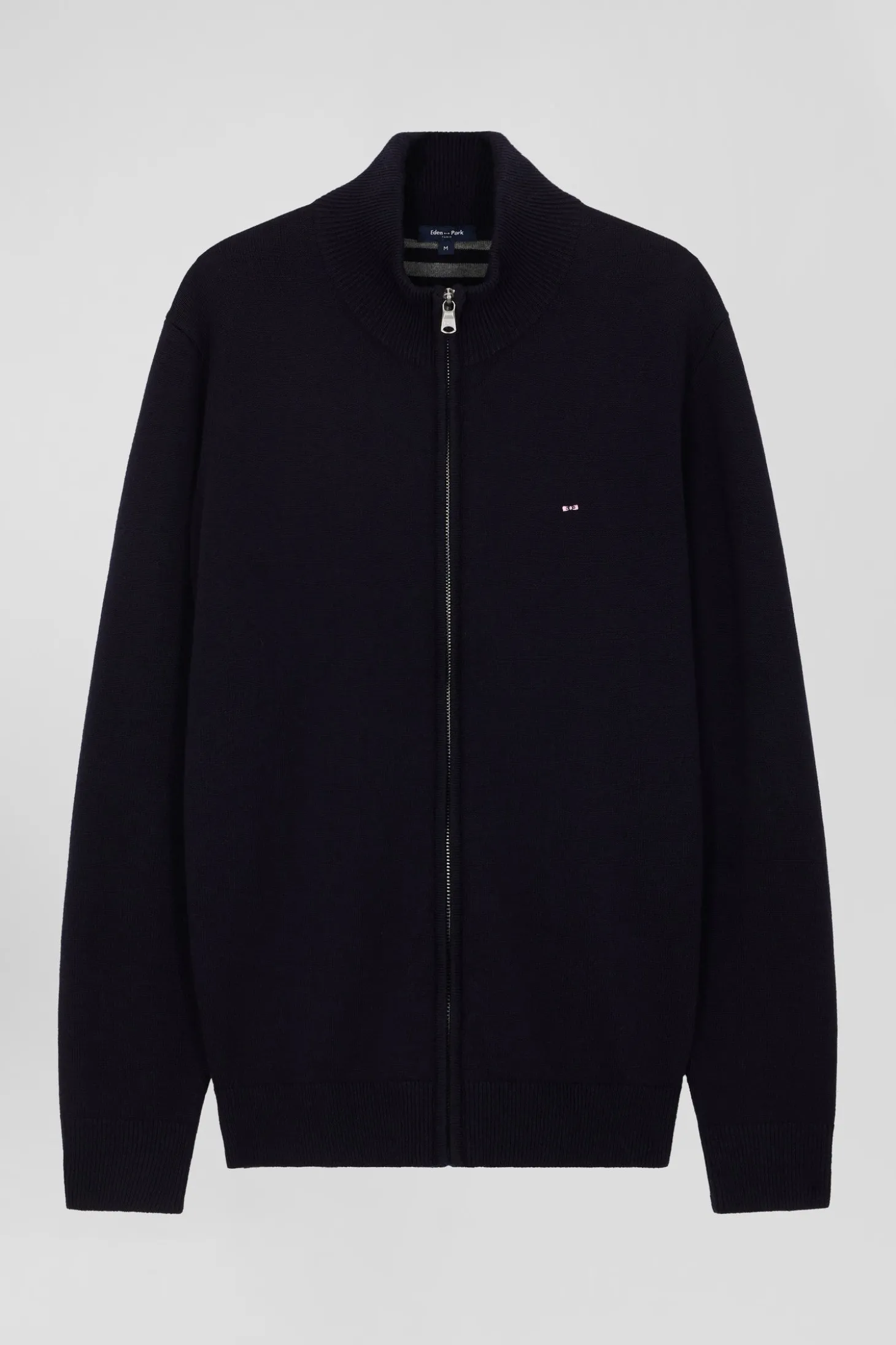 Regular navy blue plain wool and cotton zipped cardigan