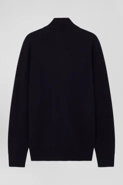 Regular navy blue plain wool and cotton zipped cardigan