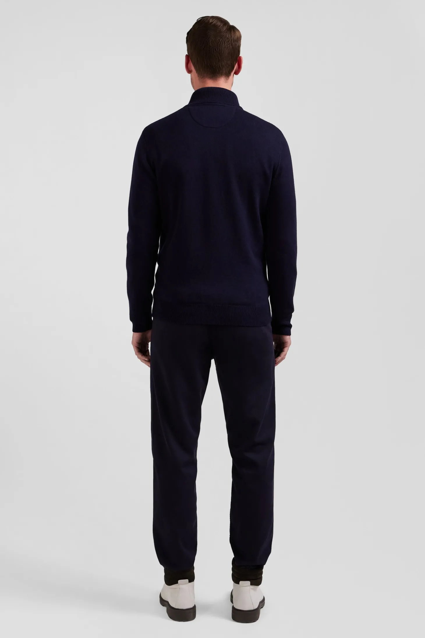 Regular navy blue plain wool and cotton zipped cardigan