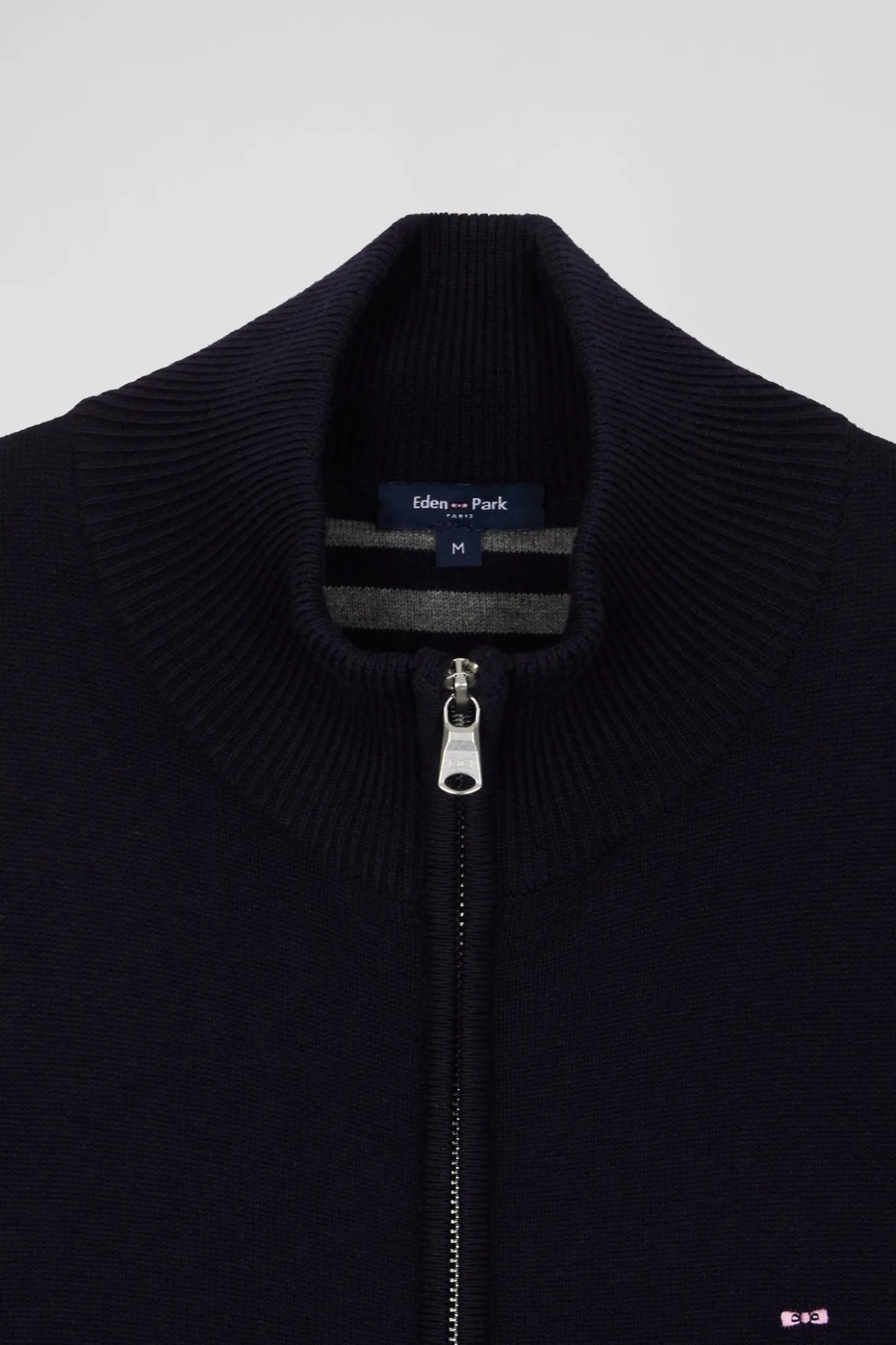 Regular navy blue plain wool and cotton zipped cardigan