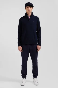 Regular navy blue semi-zipped cotton jumper