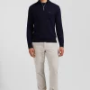 Regular navy blue semi-zipped cotton and cashmere jumper