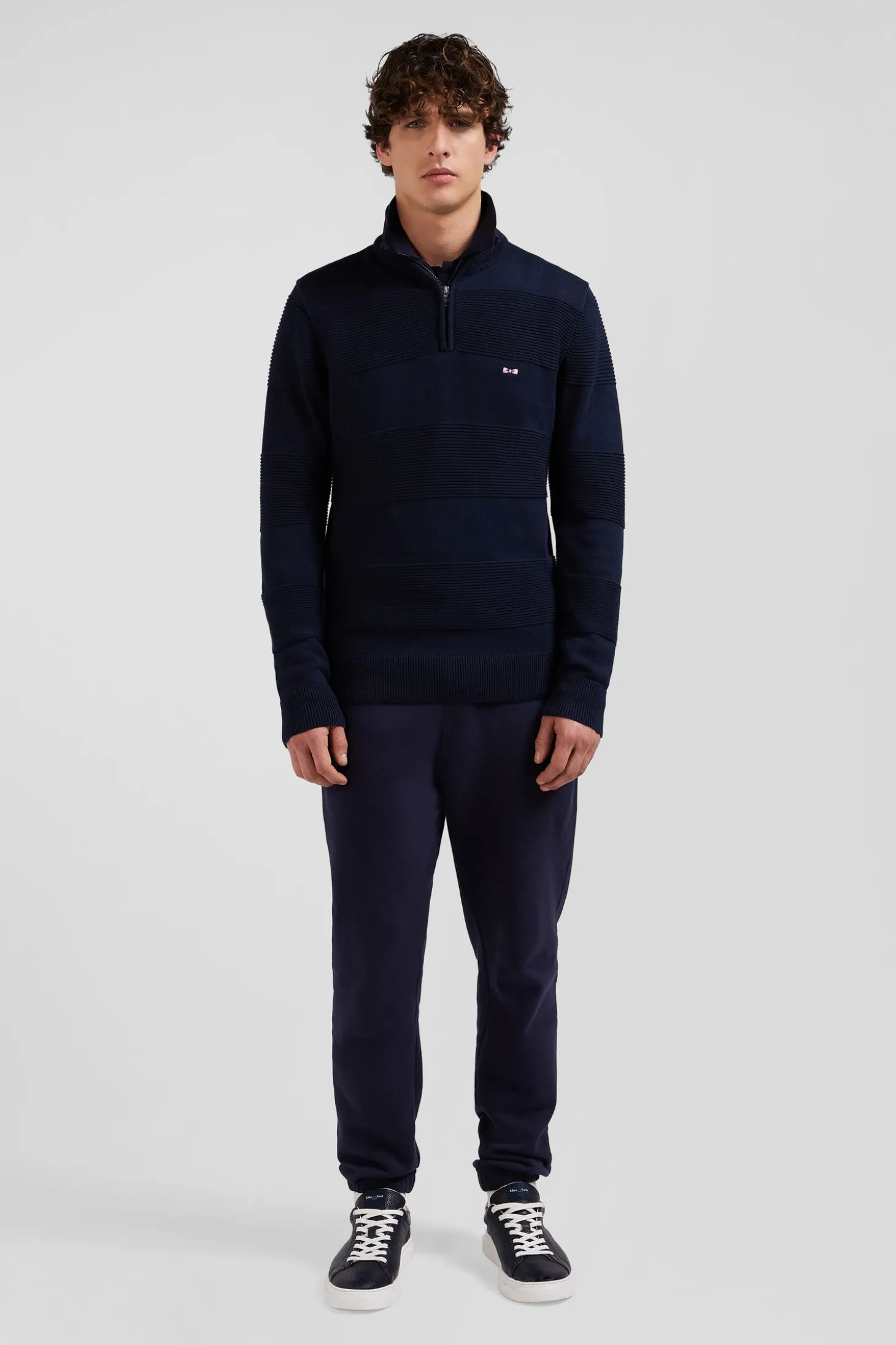 Regular navy blue semi-zipped cotton jumper with knit patterns