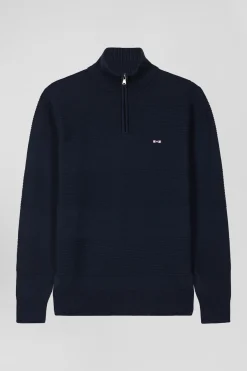 Regular navy blue semi-zipped cotton jumper with knit patterns