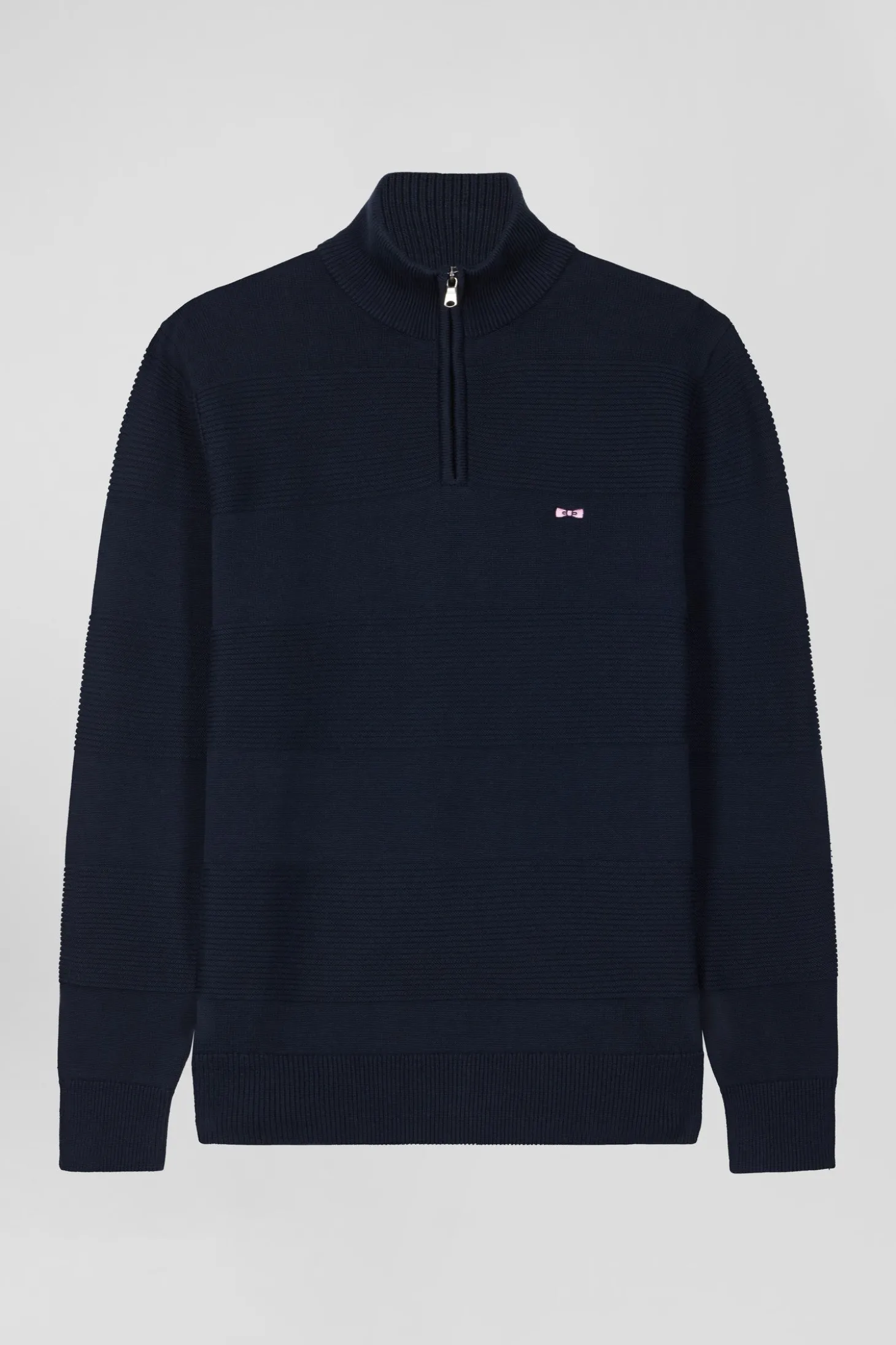Regular navy blue semi-zipped cotton jumper with knit patterns