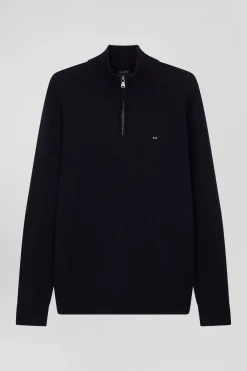 Regular navy blue semi-zipped wool and cotton jumper