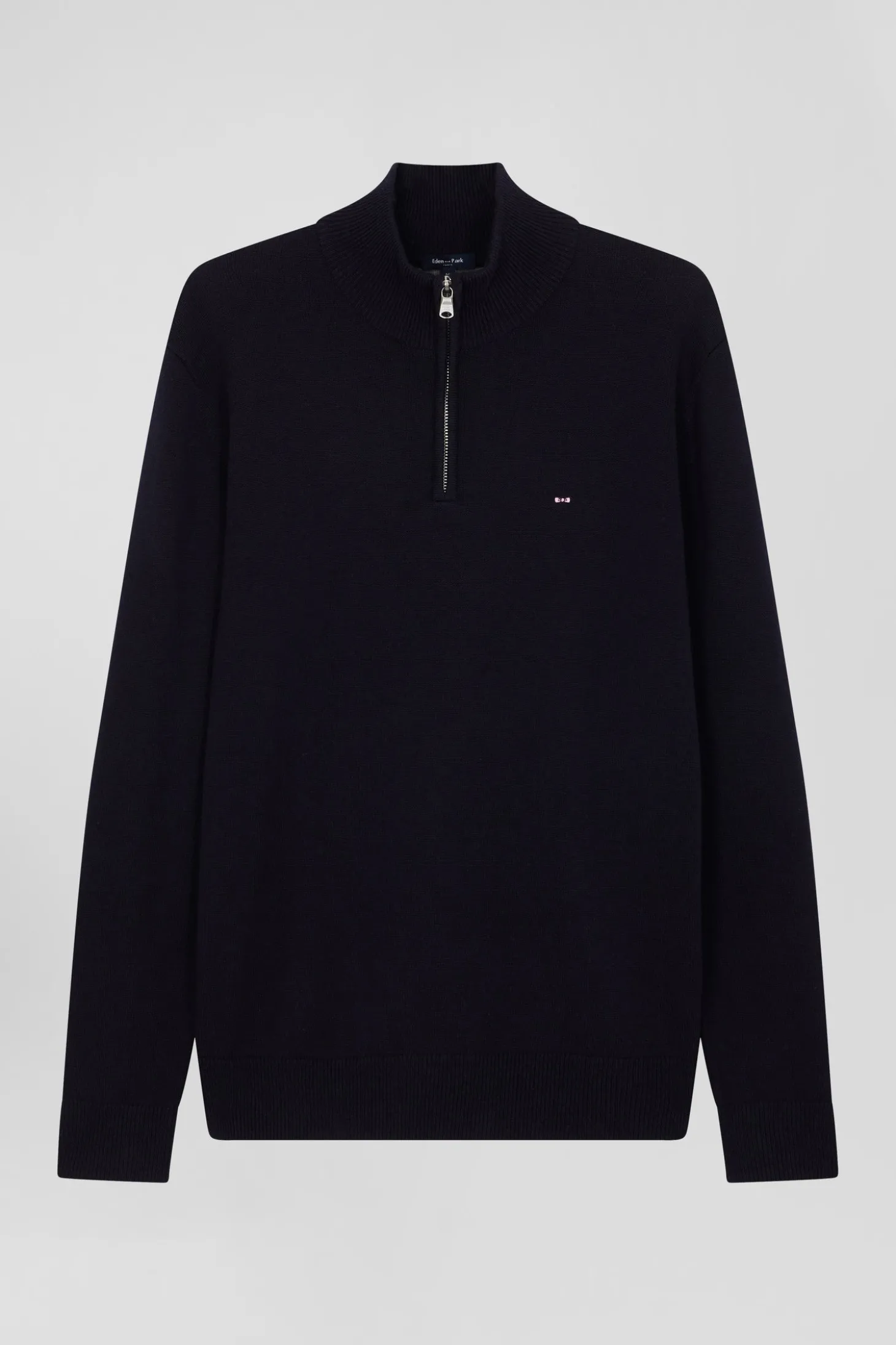 Regular navy blue semi-zipped wool and cotton jumper
