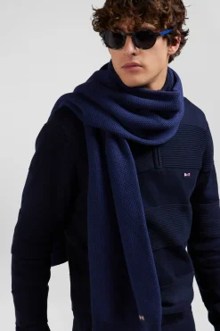 Regular navy blue semi-zipped cotton jumper with knit patterns