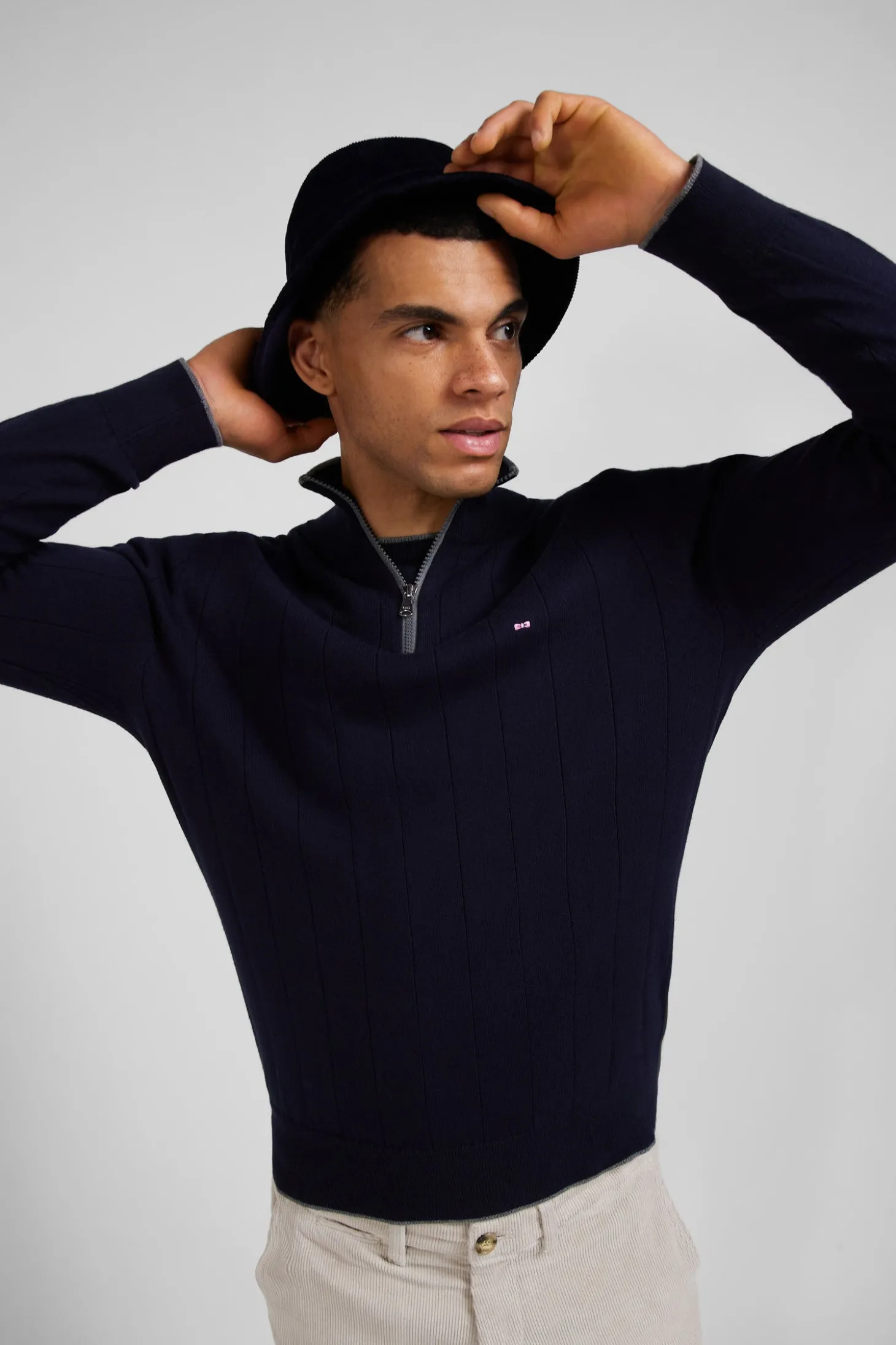 Regular navy blue semi-zipped cotton and cashmere jumper
