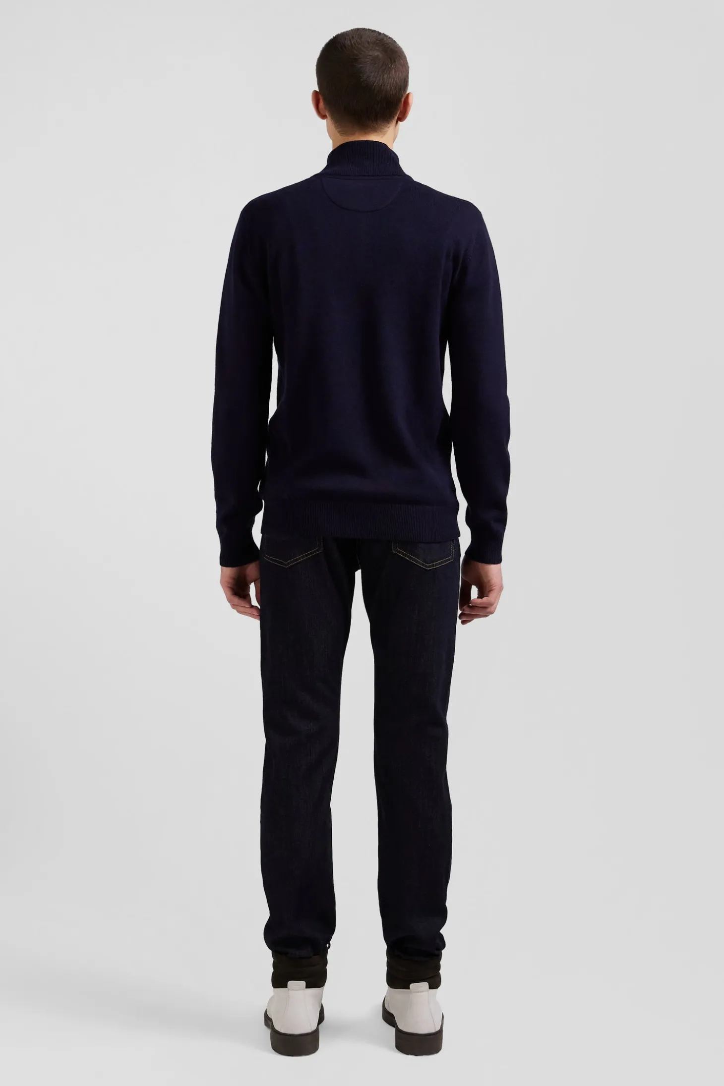 Regular navy blue semi-zipped wool and cotton jumper