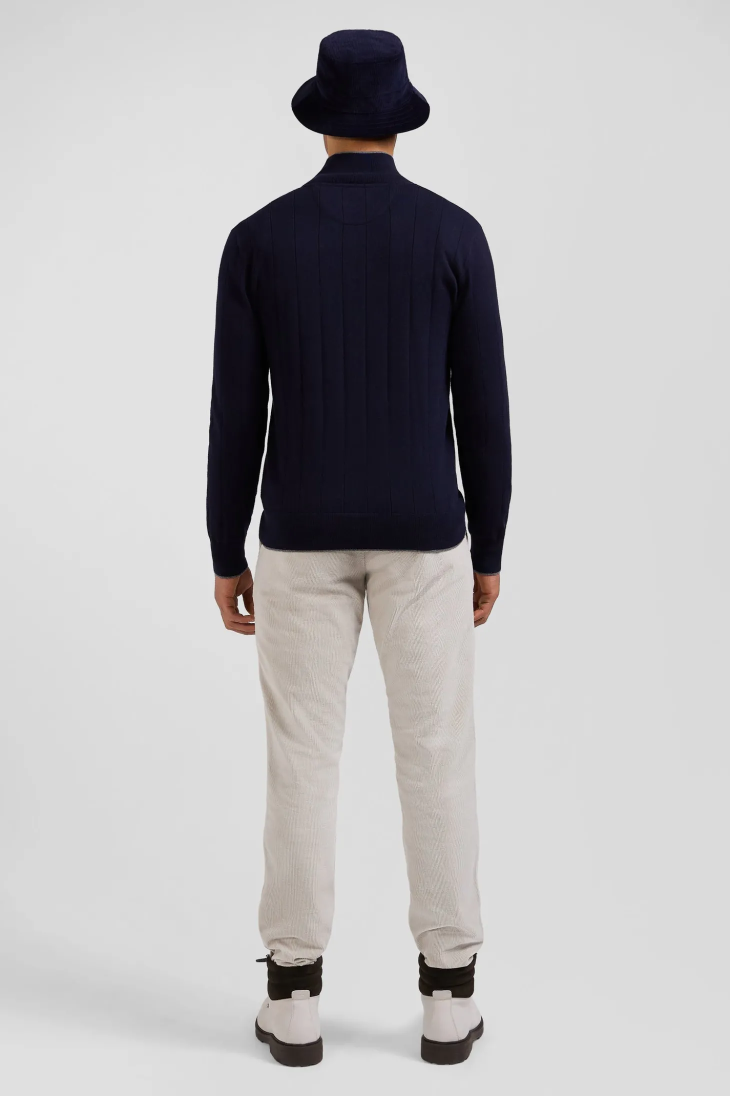 Regular navy blue semi-zipped cotton and cashmere jumper