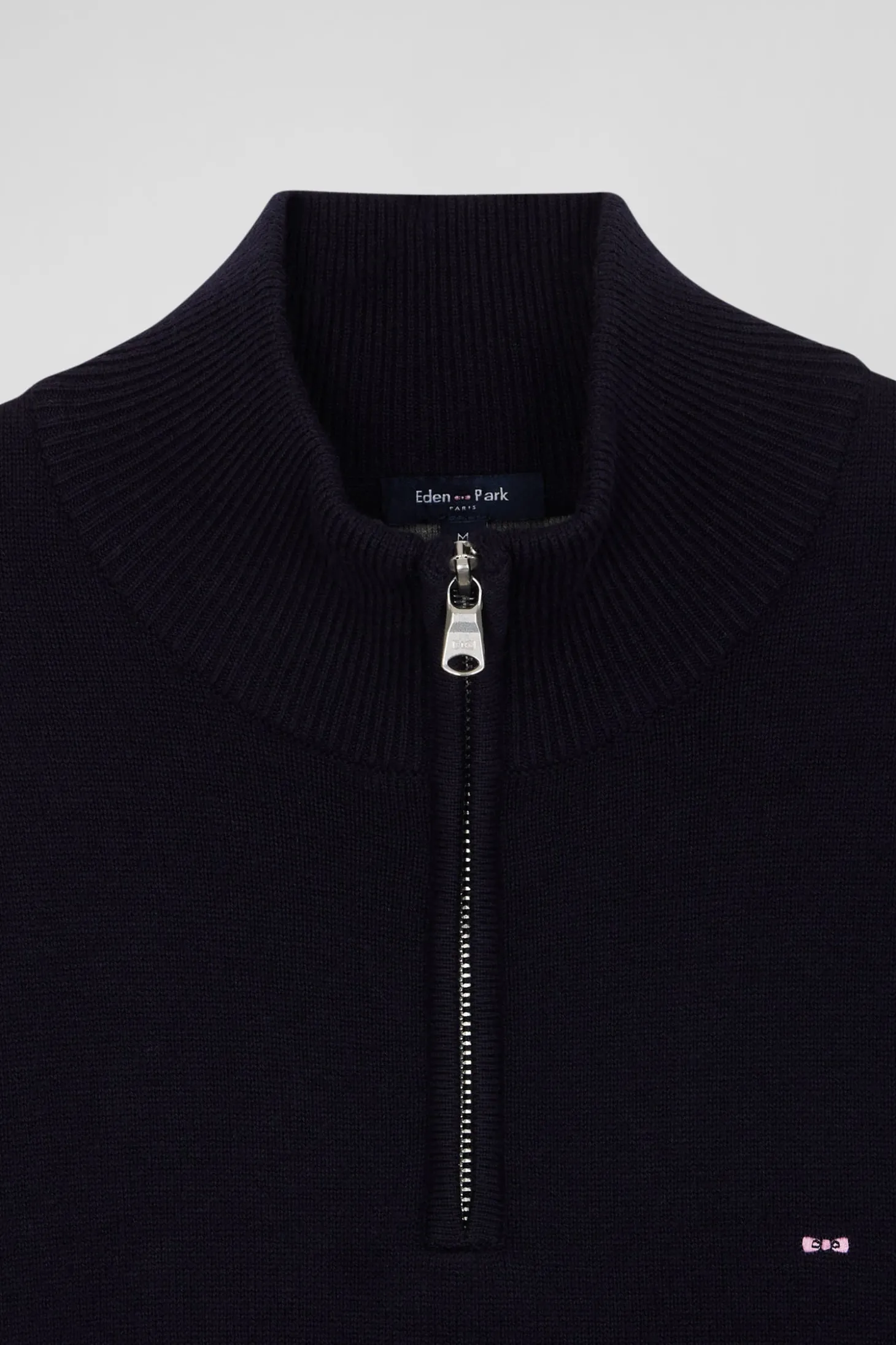 Regular navy blue semi-zipped wool and cotton jumper