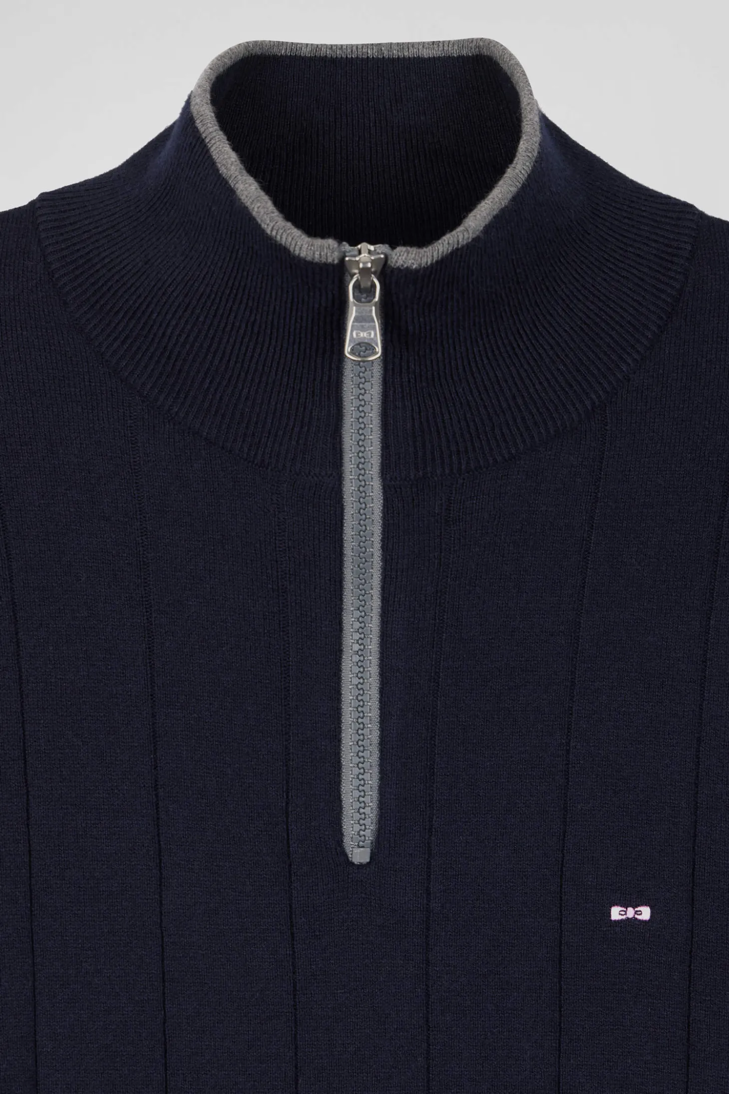 Regular navy blue semi-zipped cotton and cashmere jumper