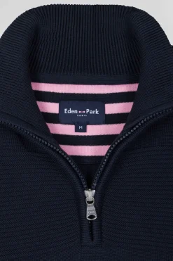Regular navy blue semi-zipped cotton jumper with knit patterns