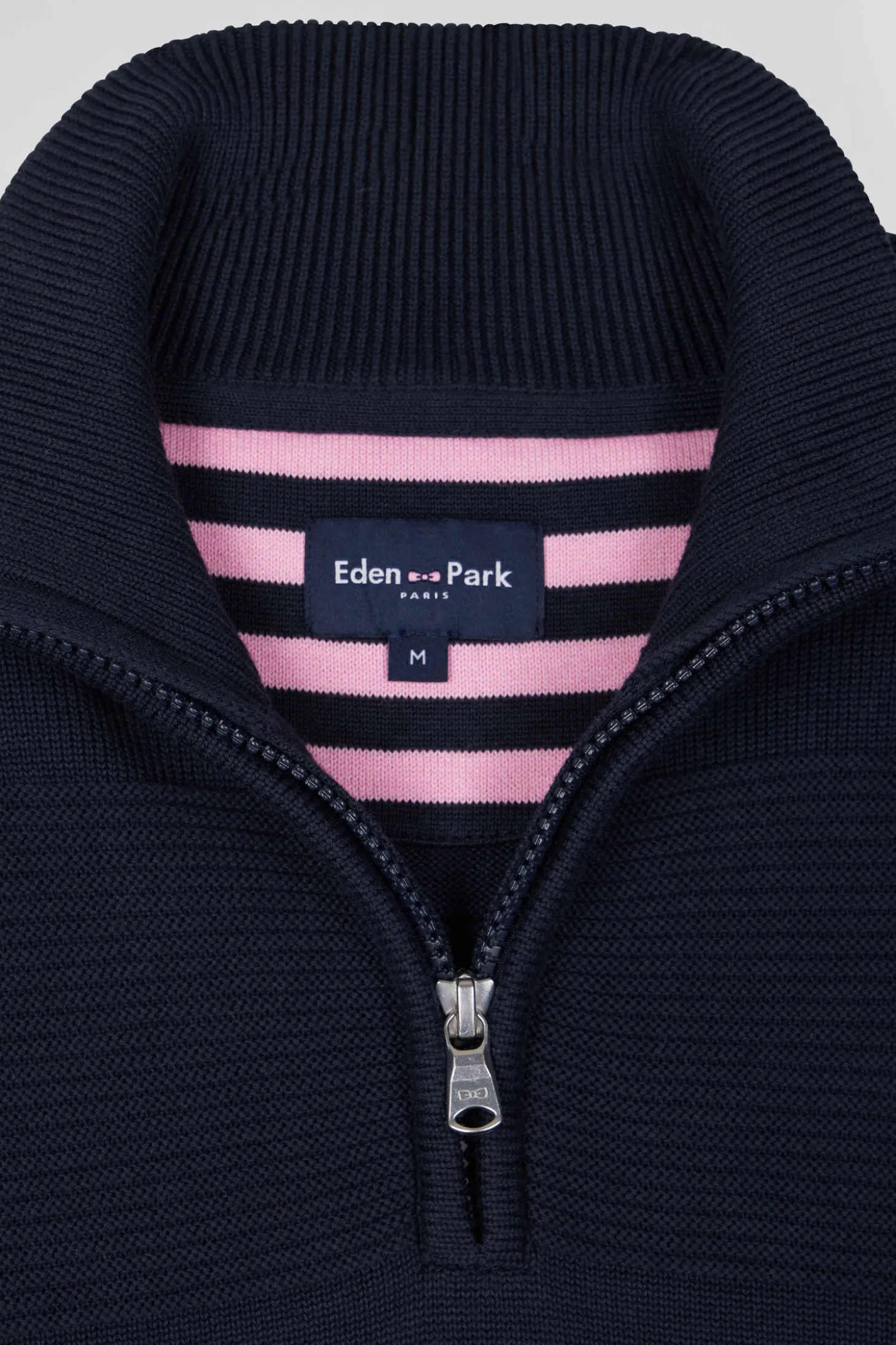 Regular navy blue semi-zipped cotton jumper with knit patterns
