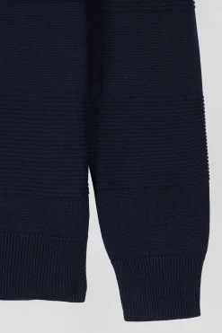 Regular navy blue semi-zipped cotton jumper with knit patterns