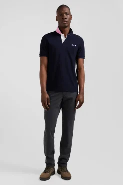 Regular navy blue short-sleeved cotton piqué polo shirt with striped embroidery