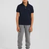 Regular navy blue short-sleeved cotton piqué polo shirt with jacquard collar
