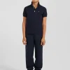Regular navy blue short-sleeved cotton piqué polo shirt with back bow tie embroidery