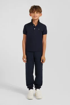 Regular navy blue short-sleeved cotton piqué polo shirt with back bow tie embroidery